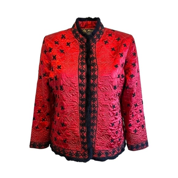 Vtg Red Satin Quilted Jacket Blk Trim L Maximalist Retro Glam Holiday Statement - Picture 5 of 12